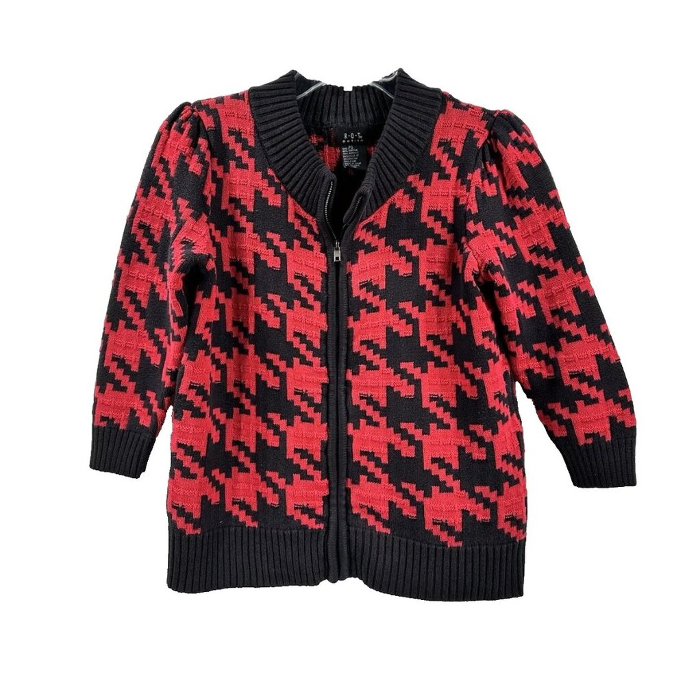 R.Q.T. Petite Women's Red Black Cardigan Long Sleeves Zipper Front Size PS
